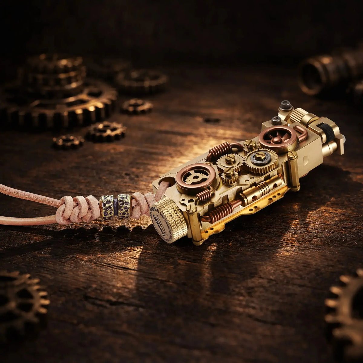 Thorens steampunk mechanical grip lighter in brass finish resting on a dark wood surface, featuring exposed fine gears, layered mechanical detailing, and a leather lanyard with bead accents