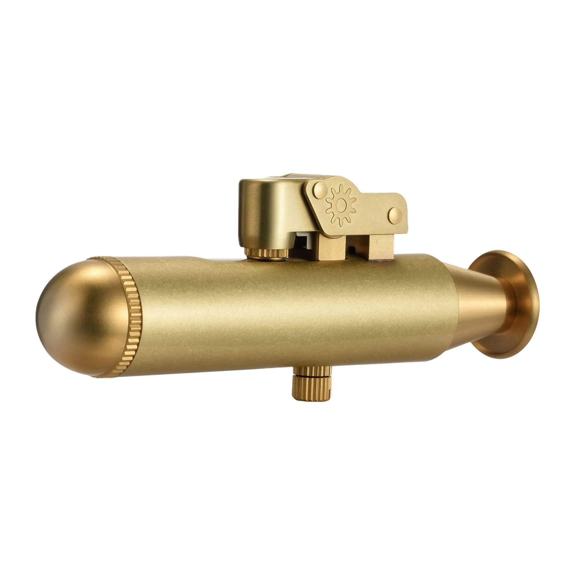 A Submarine Trench lighter featuring a unique torpedo-shaped body in brushed brass, complete with a gear-driven mechanical ignition and a weighted base.