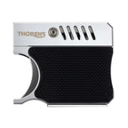 A tactical gun-inspired lighter featuring a polished silver metallic upper with the Thorens logo and a black diamond-textured grip handle for ergonomic use.