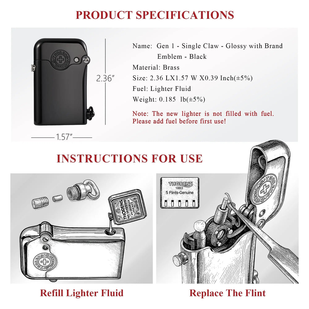 A technical chart showing the dimensions of a glossy black Gen 1 Single Claw lighter, paired with instructional sketches for refilling fluid and flint replacement.