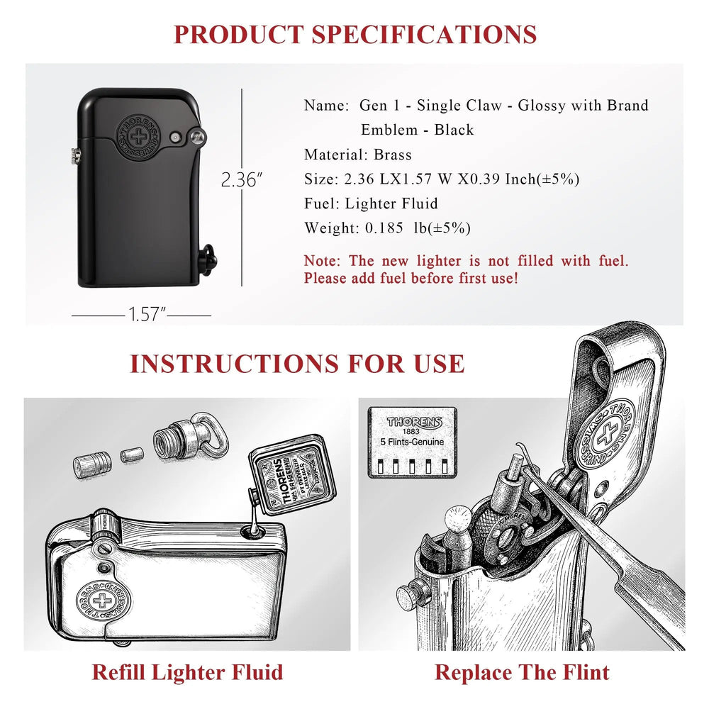 A technical chart showing the dimensions of a glossy black Gen 1 Single Claw lighter, paired with instructional sketches for refilling fluid and flint replacement.