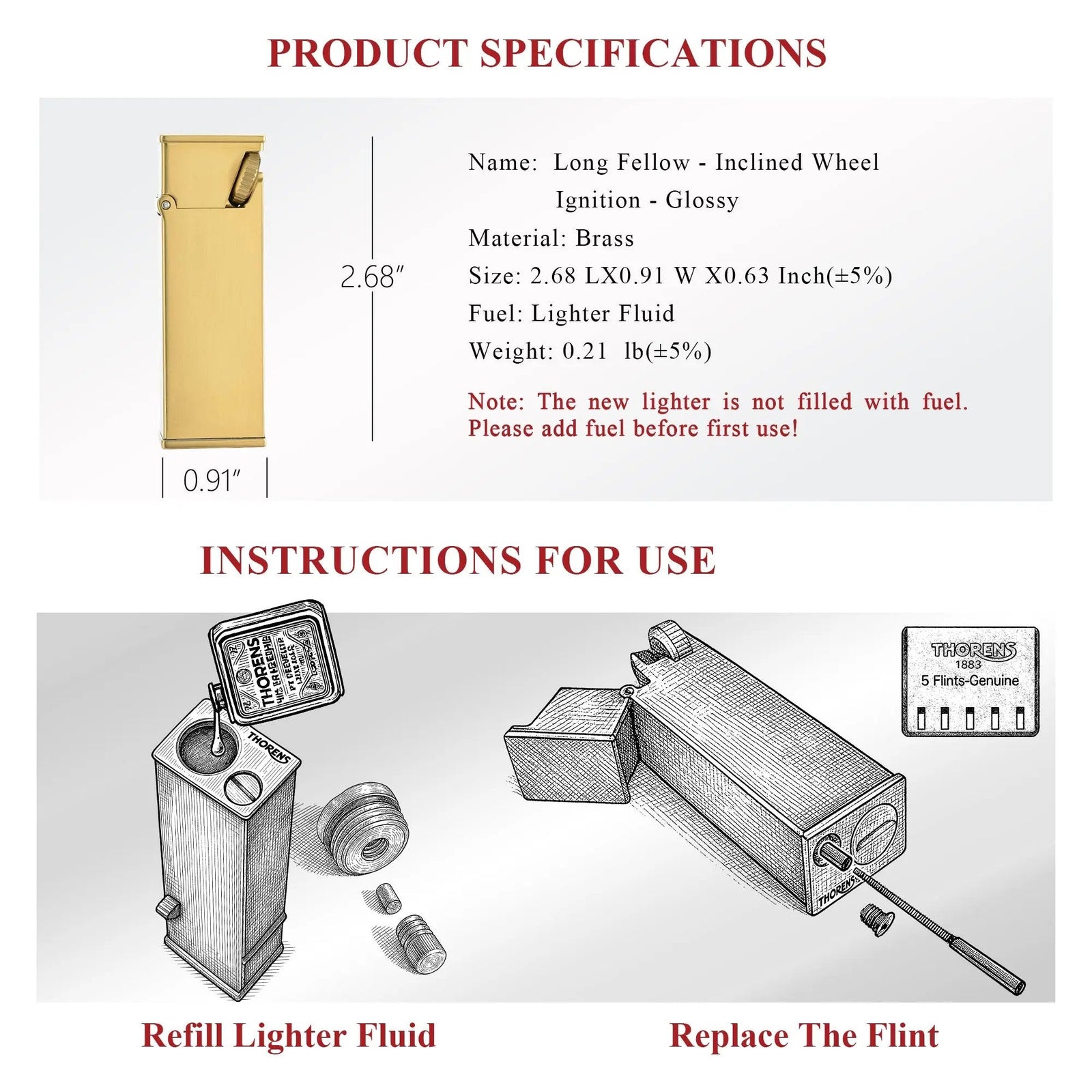 A technical diagram showing the dimensions of the brass Long Fellow lighter, alongside instructional sketches for refilling fluid and replacing the flint.