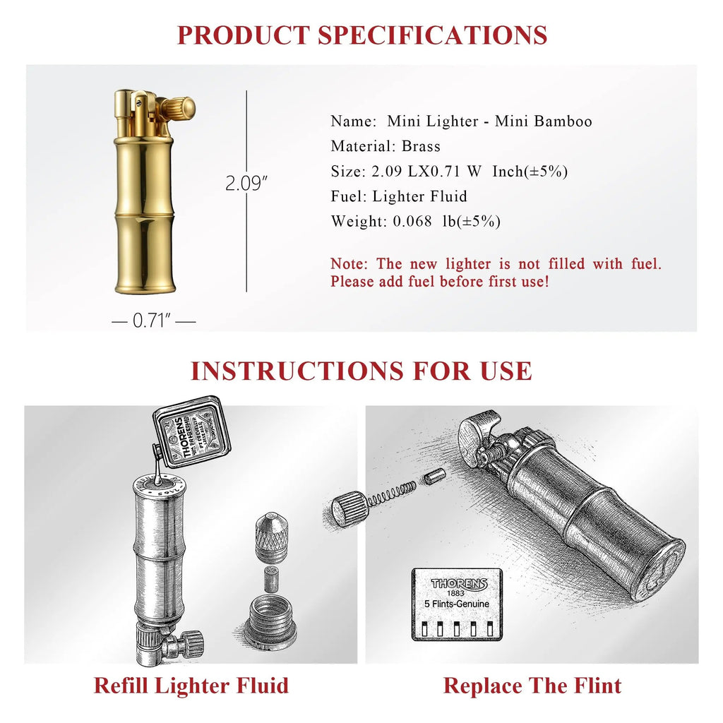 A diagram showing the dimensions of a brass bamboo-style lighter, alongside technical drawings for refilling fluid and replacing the flint.
