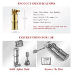 A diagram showing the dimensions of a brass bamboo-style lighter, alongside technical drawings for refilling fluid and replacing the flint.