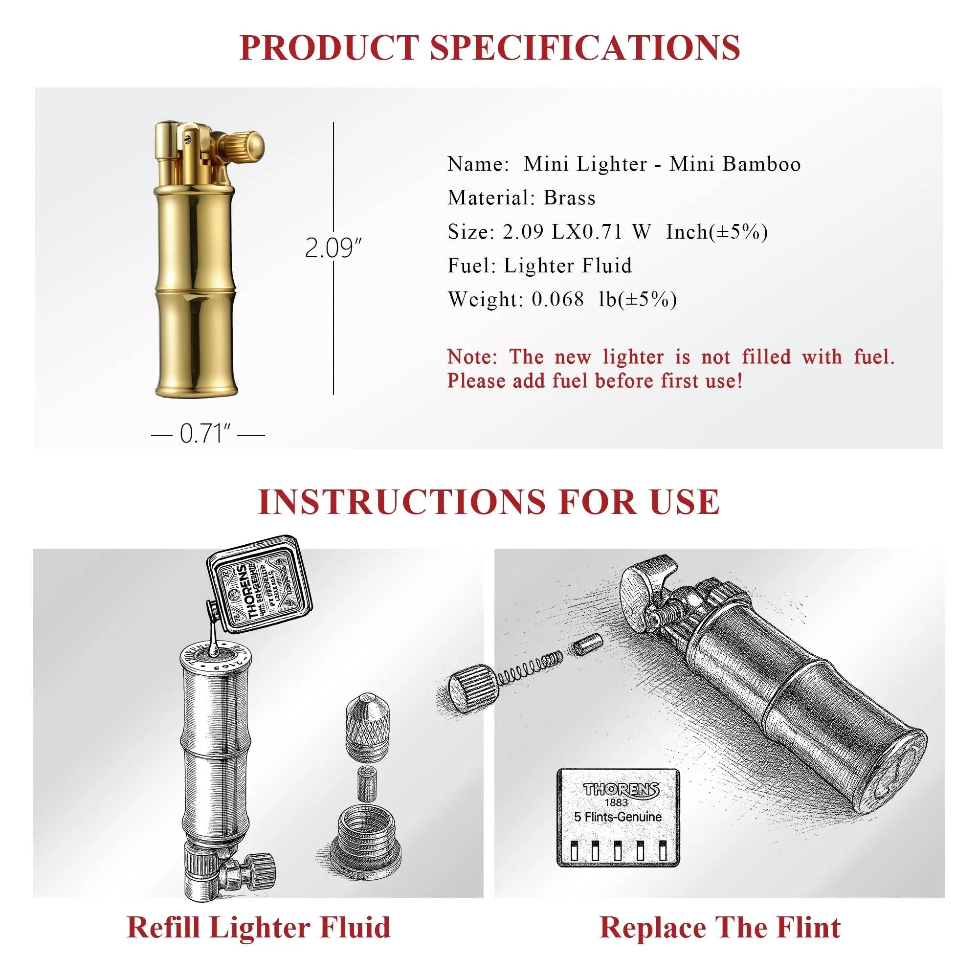 A diagram showing the dimensions of a brass bamboo-style lighter, alongside technical drawings for refilling fluid and replacing the flint.