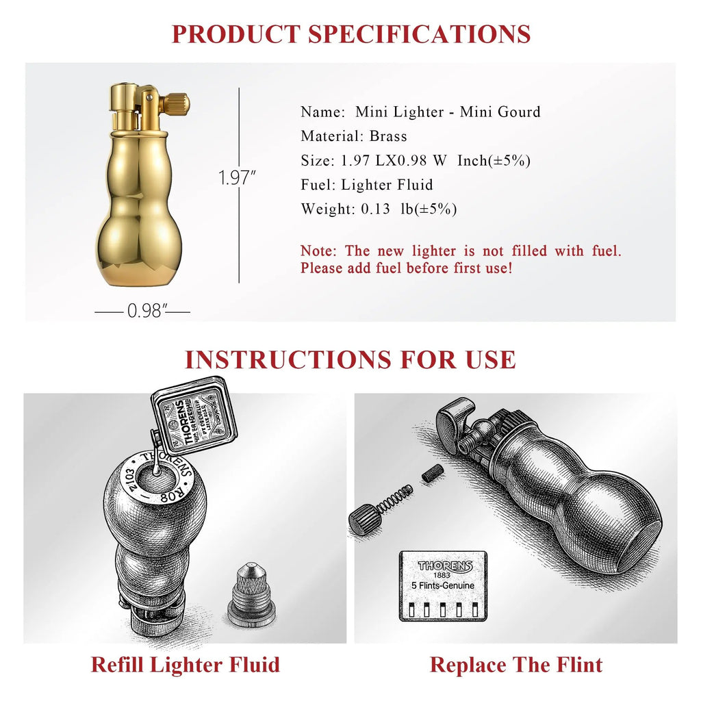 A technical diagram displaying the dimensions of the brass Mini Gourd lighter, accompanied by detailed sketches for refilling fluid and flint replacement.