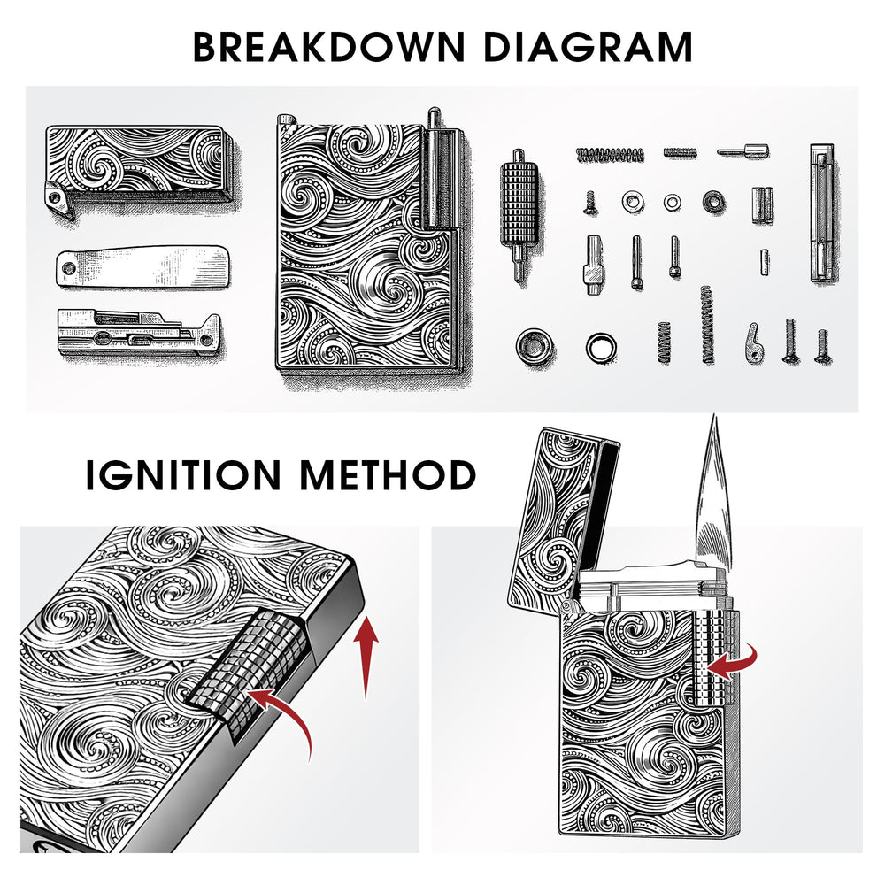 An exploded view breakdown diagram of the Thorens Vortex Engraved gold lighter, showcasing the precision-engineered brass components, springs, and gears.