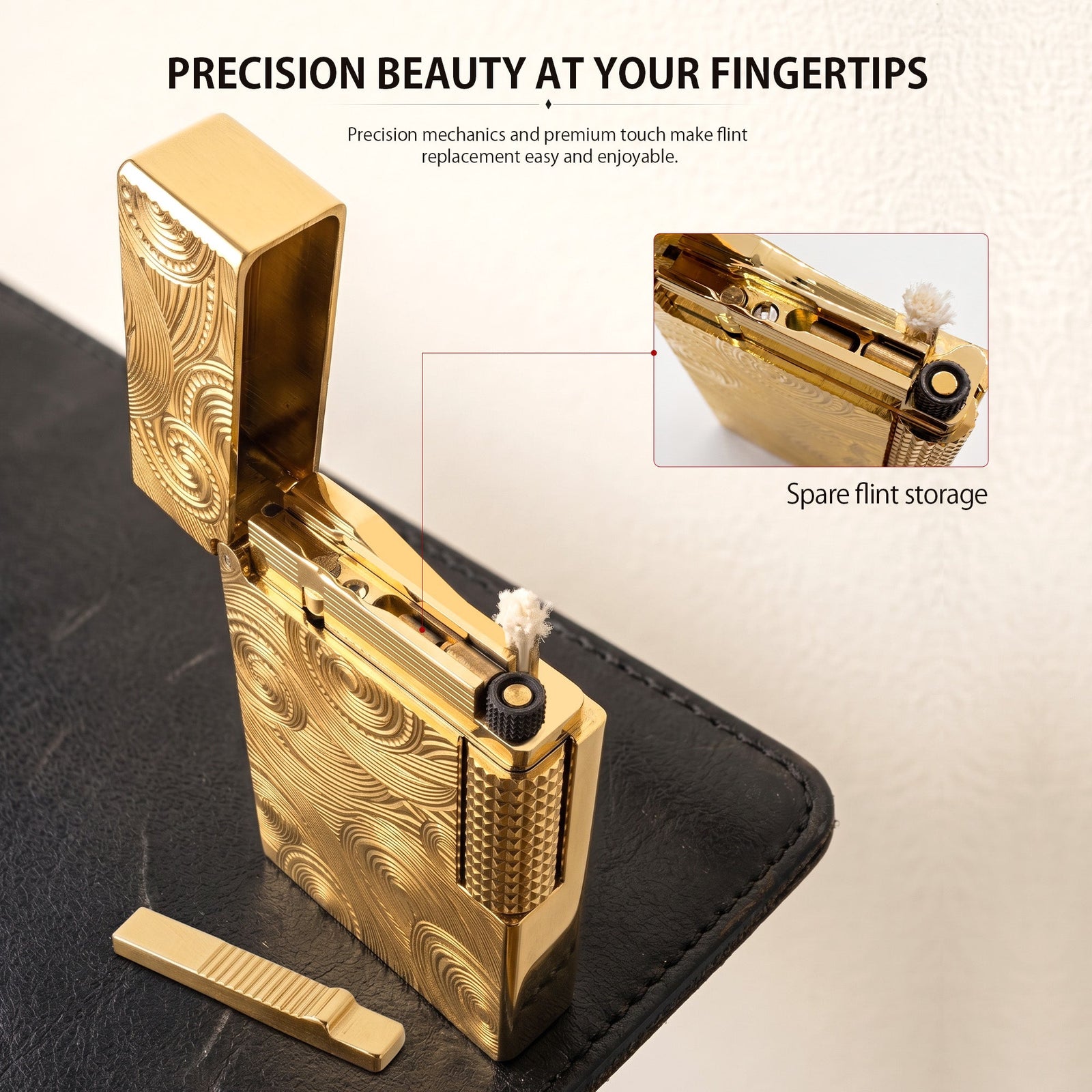 An exploded view breakdown diagram of the Thorens Vortex Engraved gold lighter, showcasing the precision-engineered brass components, springs, and gears.