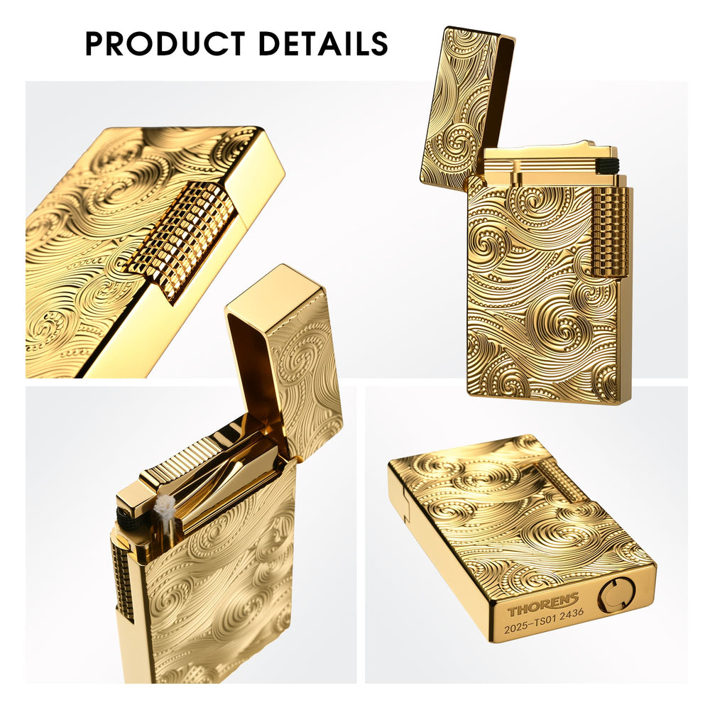 A close-up view of a gold Thorens lighter featuring intricate vortex engraving and a precision-engineered tactile ignition roller.