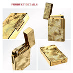 A close-up view of a gold Thorens lighter featuring intricate vortex engraving and a precision-engineered tactile ignition roller.