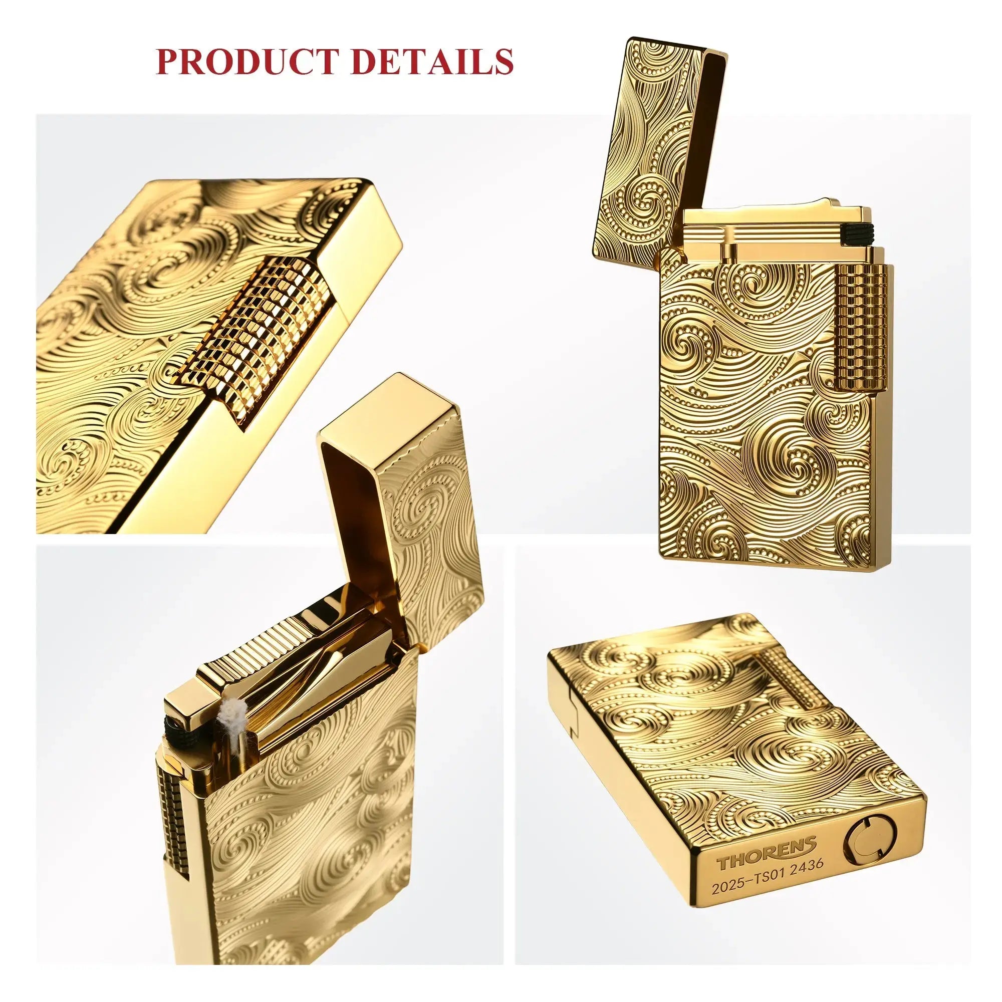A close-up view of a gold Thorens lighter featuring intricate vortex engraving and a precision-engineered tactile ignition roller.