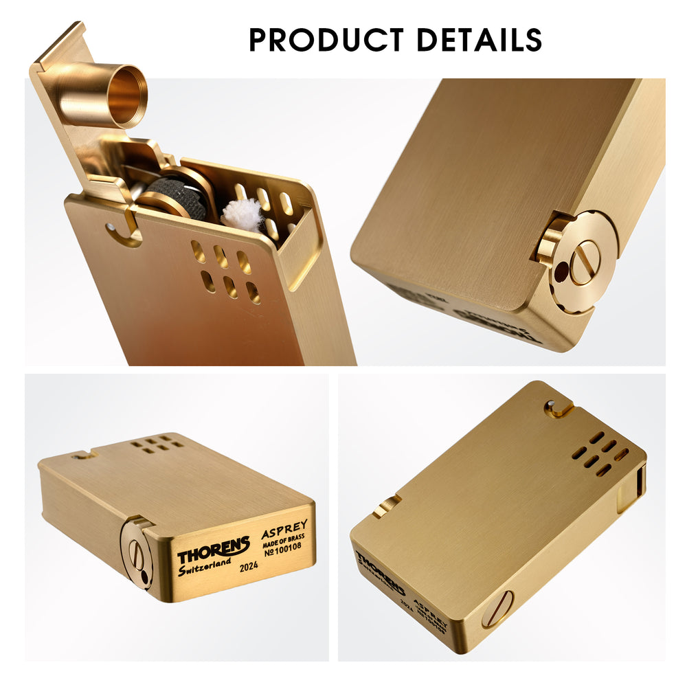A collage showing the ASPREY lighter in brass, featuring the open ignition chamber, flint wheel, bottom engravings, and precision side screw.