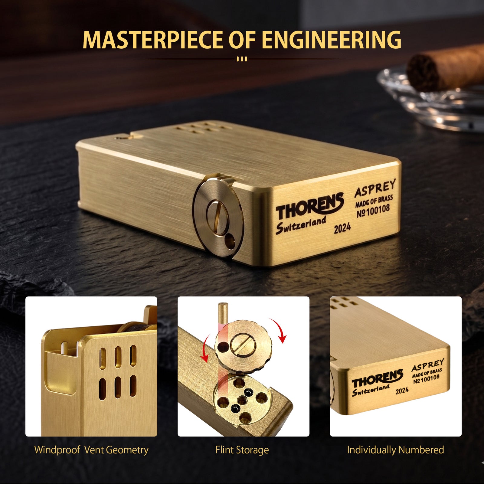 A collage showing the ASPREY lighter in brass, featuring the open ignition chamber, flint wheel, bottom engravings, and precision side screw.