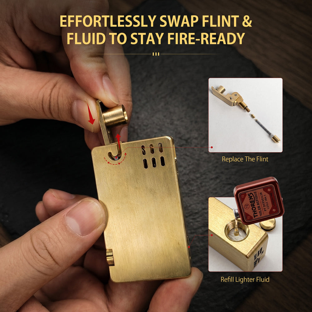 A Thorens ASPREY brass lighter set including a red gift box, replacement wicks, a flint pack, and a user manual for a complete collectible experience.