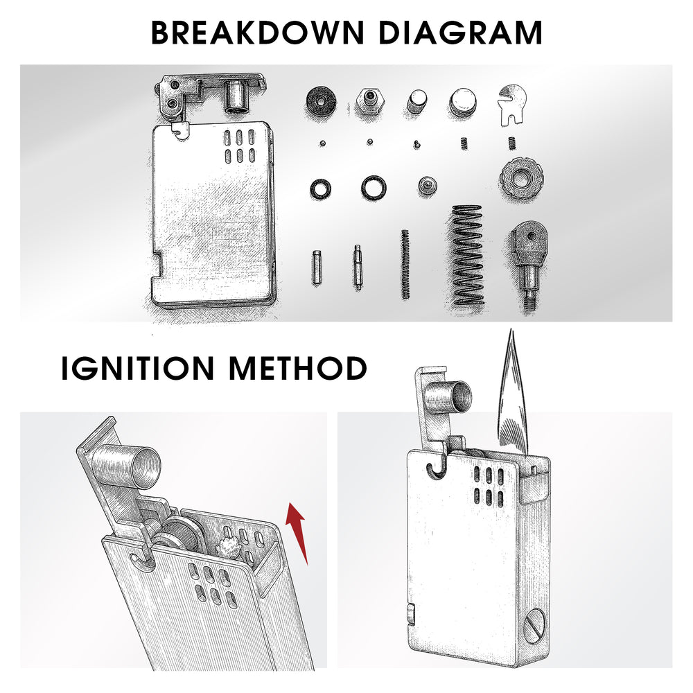 An exploded view diagram of the ASPREY lighter's internal components alongside illustrated steps for the vertical sliding ignition method and flame display.