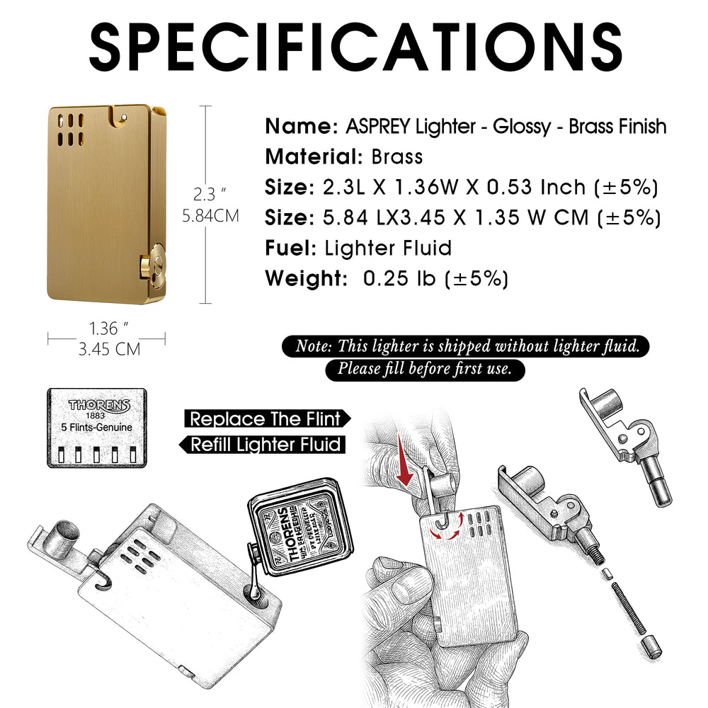 A technical infographic for the ASPREY lighter in brass finish, detailing dimensions, weight, and illustrated steps for refilling fluid and replacing the flint.