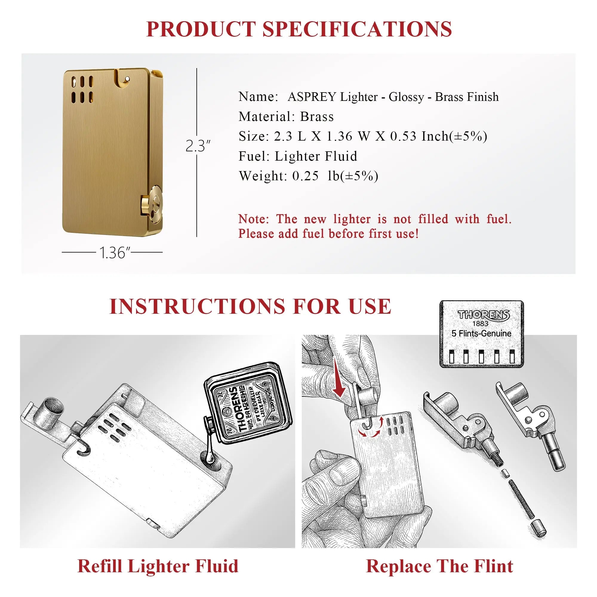 A technical infographic for the ASPREY lighter in brass finish, detailing dimensions, weight, and illustrated steps for refilling fluid and replacing the flint.