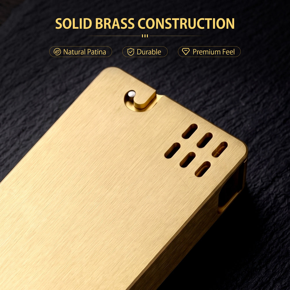 A technical infographic for the ASPREY lighter in brass finish, detailing dimensions, weight, and illustrated steps for refilling fluid and replacing the flint.