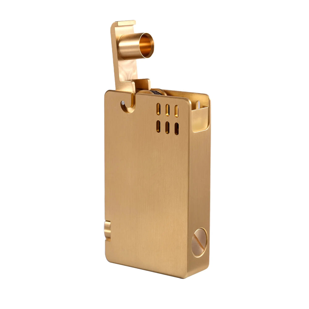 A brushed brass ASPREY lighter shown in an open position, revealing the precision-engineered chimney and internal mechanical structure.