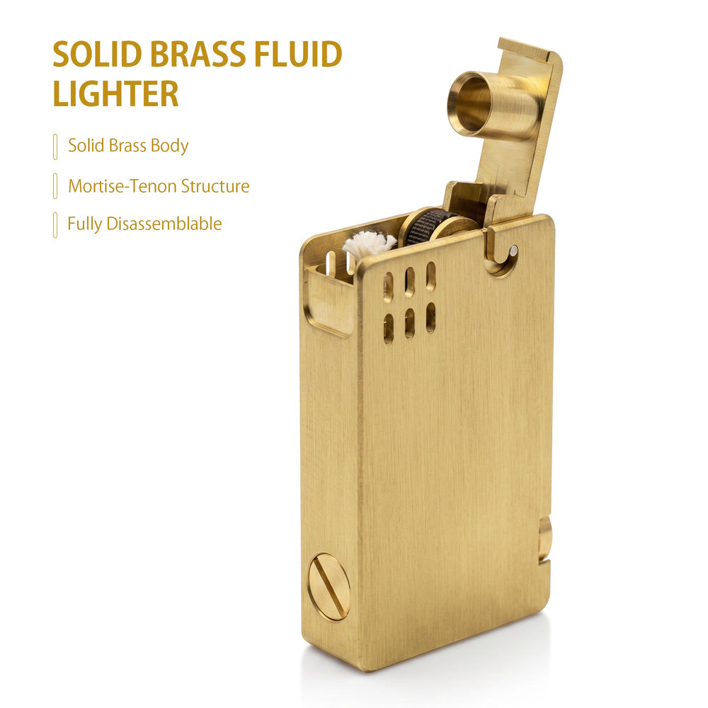 A brushed brass ASPREY lighter shown in an open position, revealing the precision-engineered chimney and internal mechanical structure.