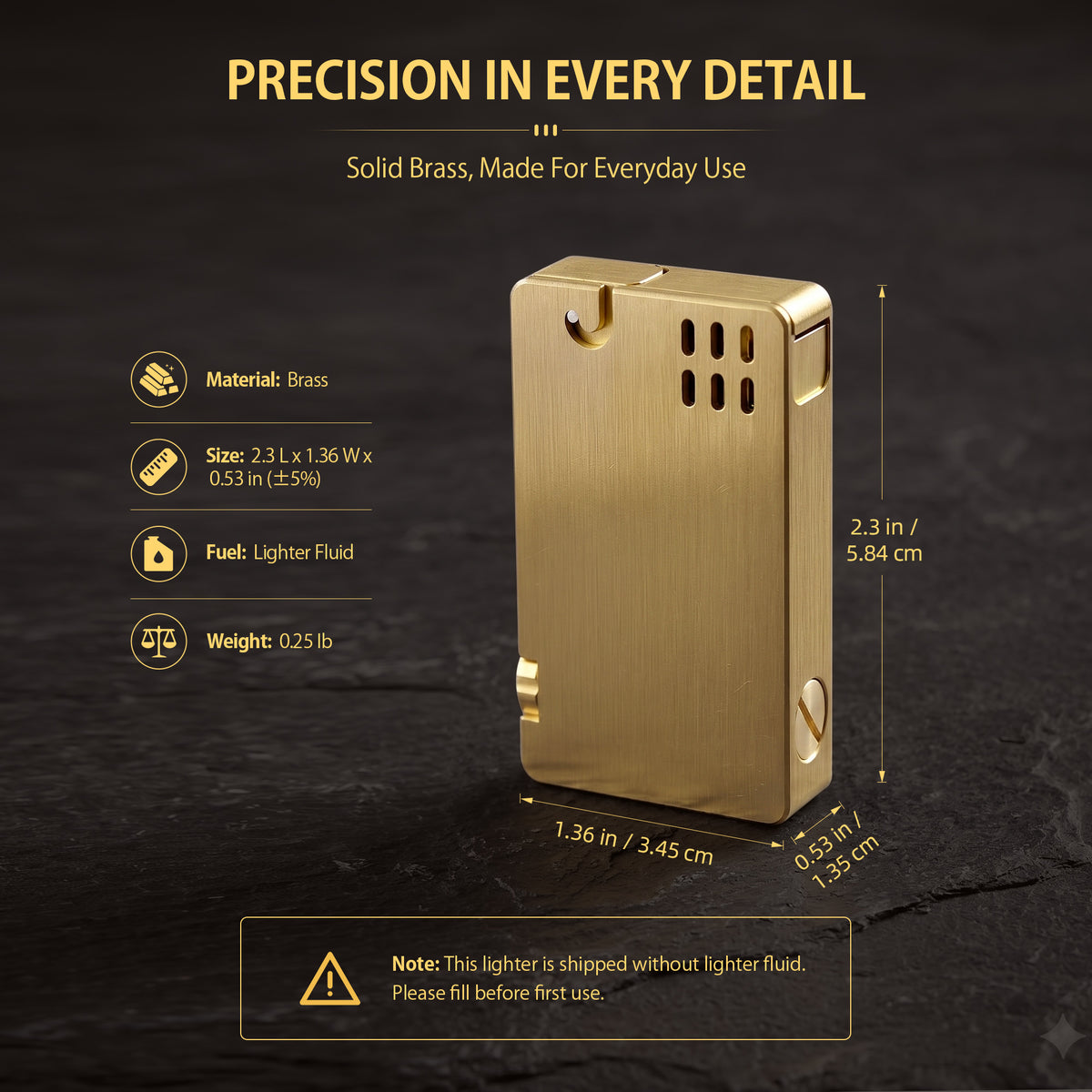 An ASPREY lighter with a textured brass surface and vertical vents, leaning against a dark volcanic rock backdrop for a refined EDC aesthetic.