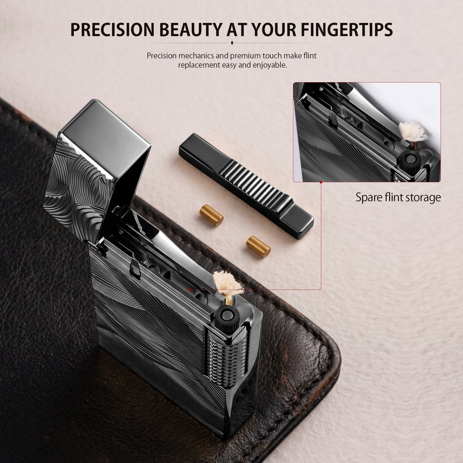 A front-facing shot of the Aqua Rhythm black lighter, featuring striking silver wave engravings against a dark chrome finish with a textured mechanical roller.