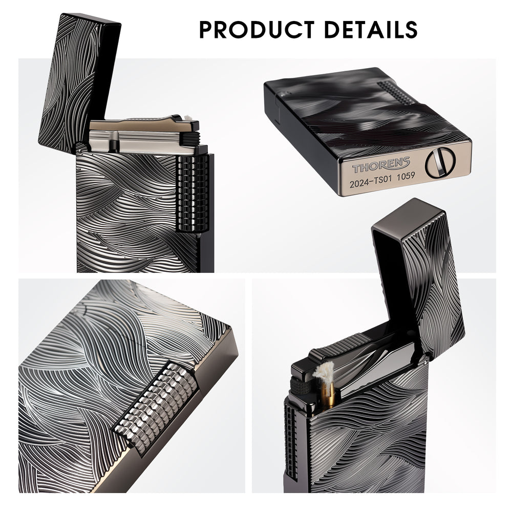 A professional collage showcasing the Aqua Rhythm black lighter's intricate silver wave pattern, side roller mechanism, and laser-engraved bottom logo.