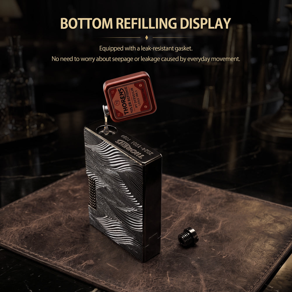 A professional collage showcasing the Aqua Rhythm black lighter's intricate silver wave pattern, side roller mechanism, and laser-engraved bottom logo.