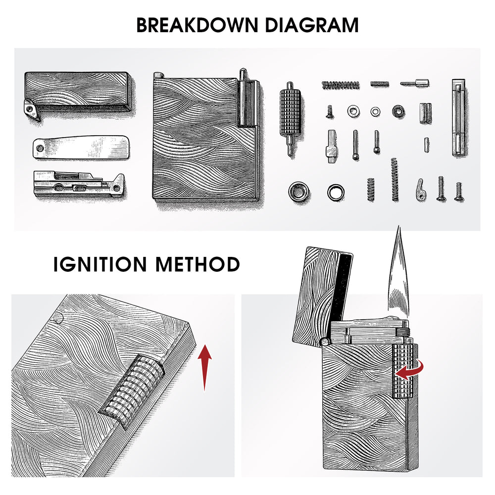 A technical schematic of the Aqua Rhythm black lighter illustrating its internal precision components and a visual guide for the mechanical roller ignition method.