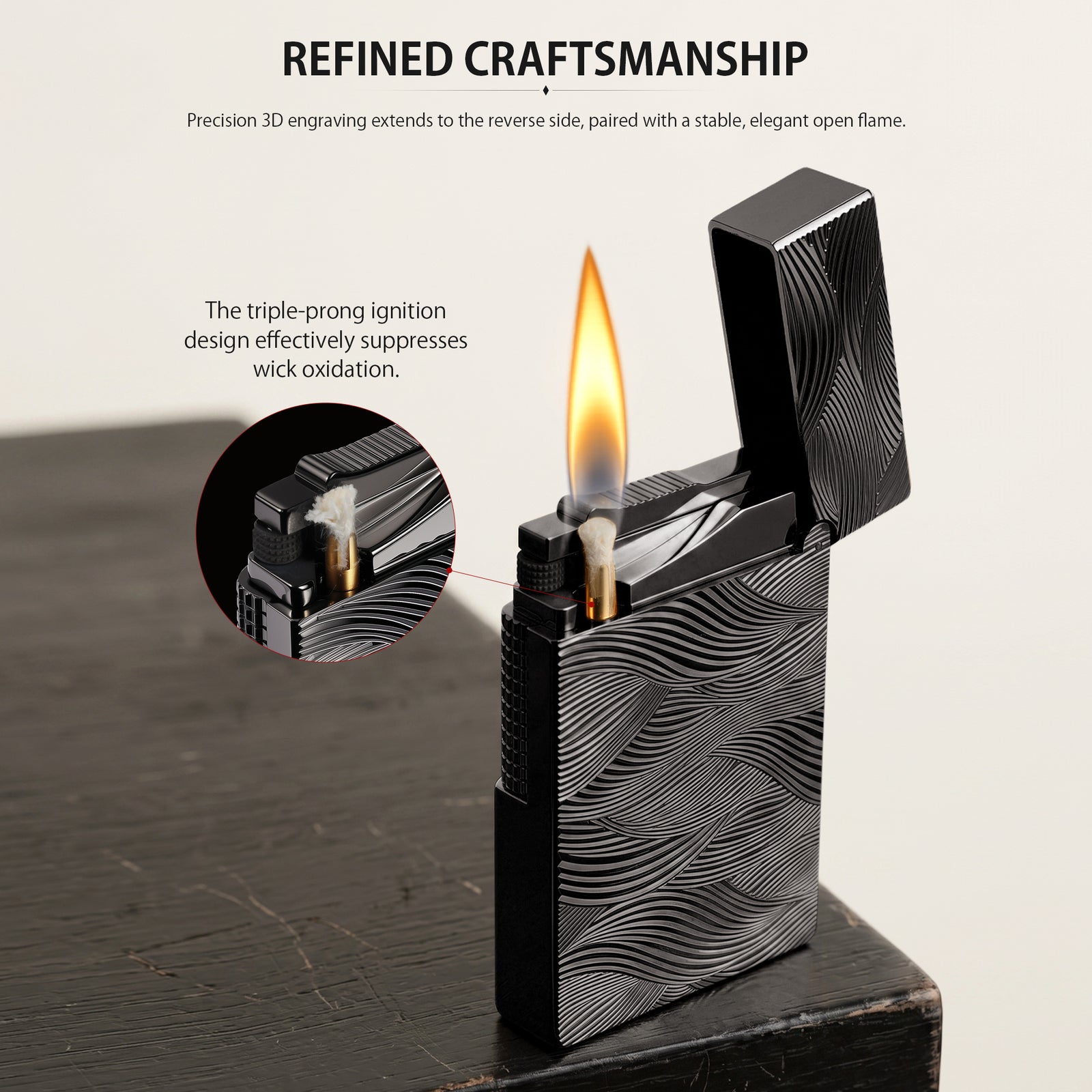 A technical schematic of the Aqua Rhythm black lighter illustrating its internal precision components and a visual guide for the mechanical roller ignition method.