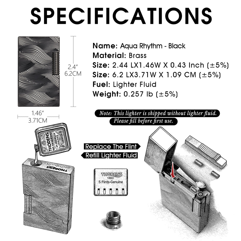 A technical datasheet for the Aqua Rhythm black brass lighter, providing size and weight specs along with visual instructions for refilling fluid and flint replacement.