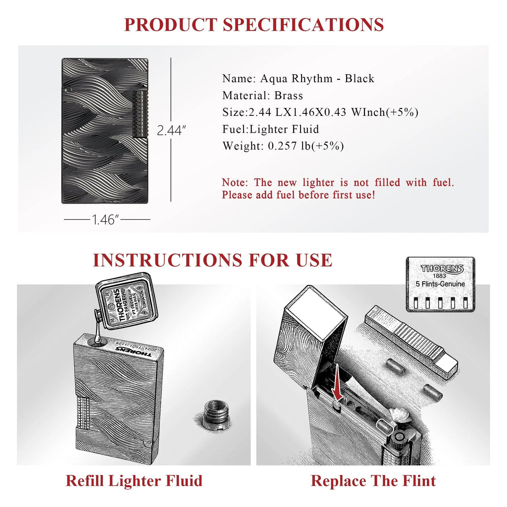 A technical datasheet for the Aqua Rhythm black brass lighter, providing size and weight specs along with visual instructions for refilling fluid and flint replacement.