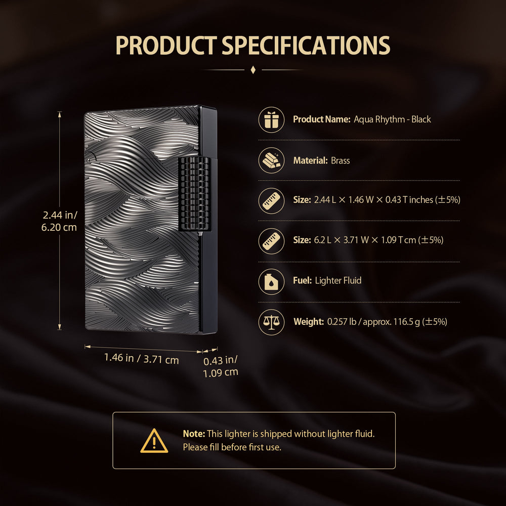 A technical datasheet for the Aqua Rhythm black brass lighter, providing size and weight specs along with visual instructions for refilling fluid and flint replacement.