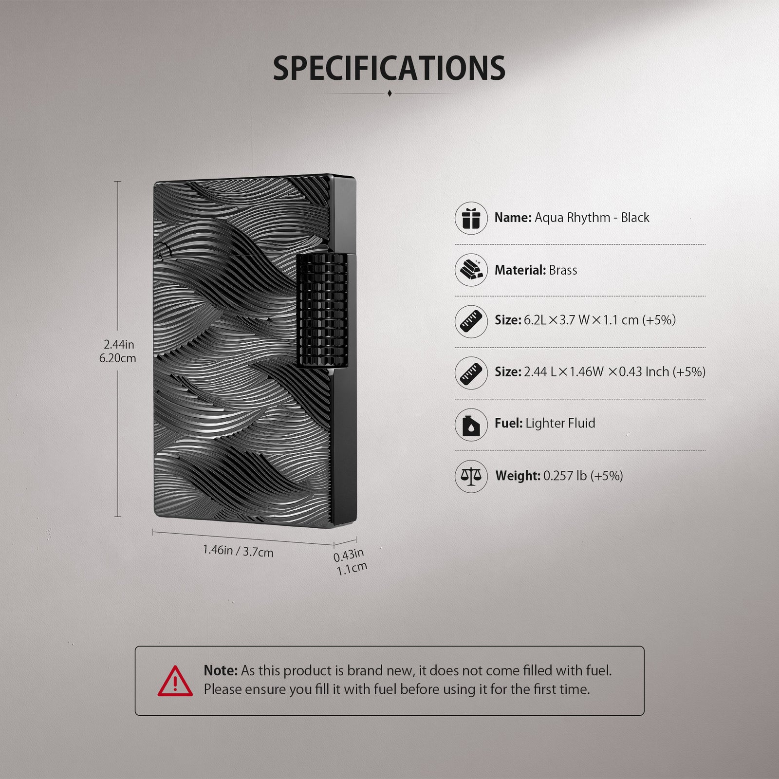 A technical datasheet for the Aqua Rhythm black brass lighter, providing size and weight specs along with visual instructions for refilling fluid and flint replacement.