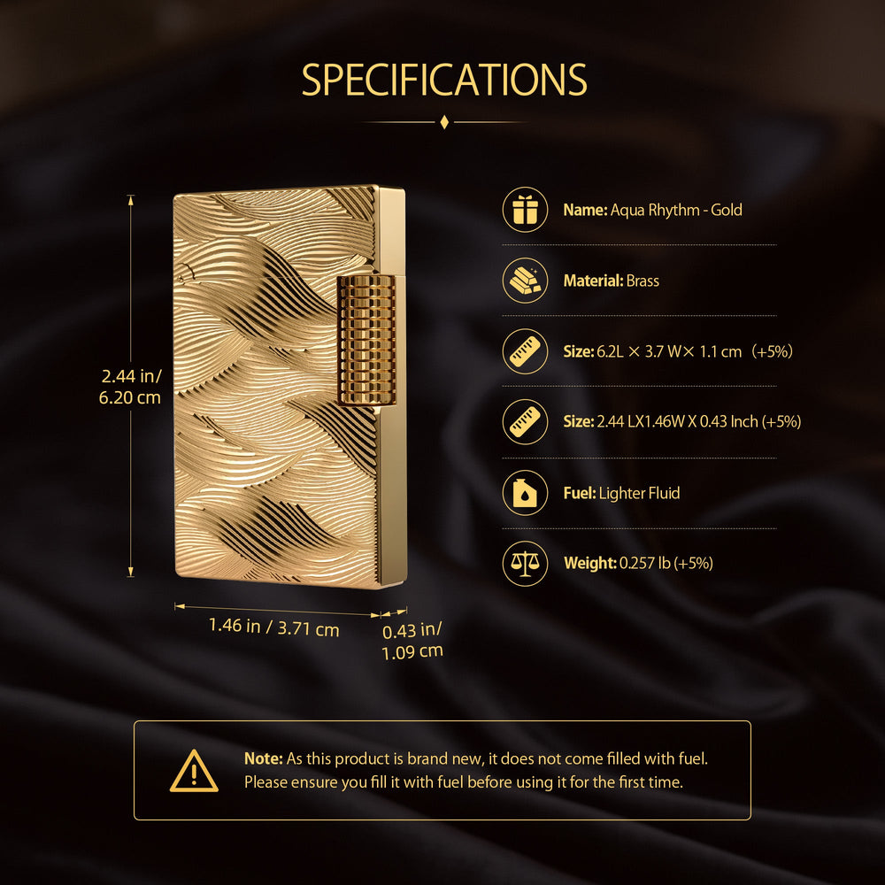 A technical illustration showing the Aqua Rhythm gold lighter's internal components in a breakdown diagram and the mechanical ignition method.