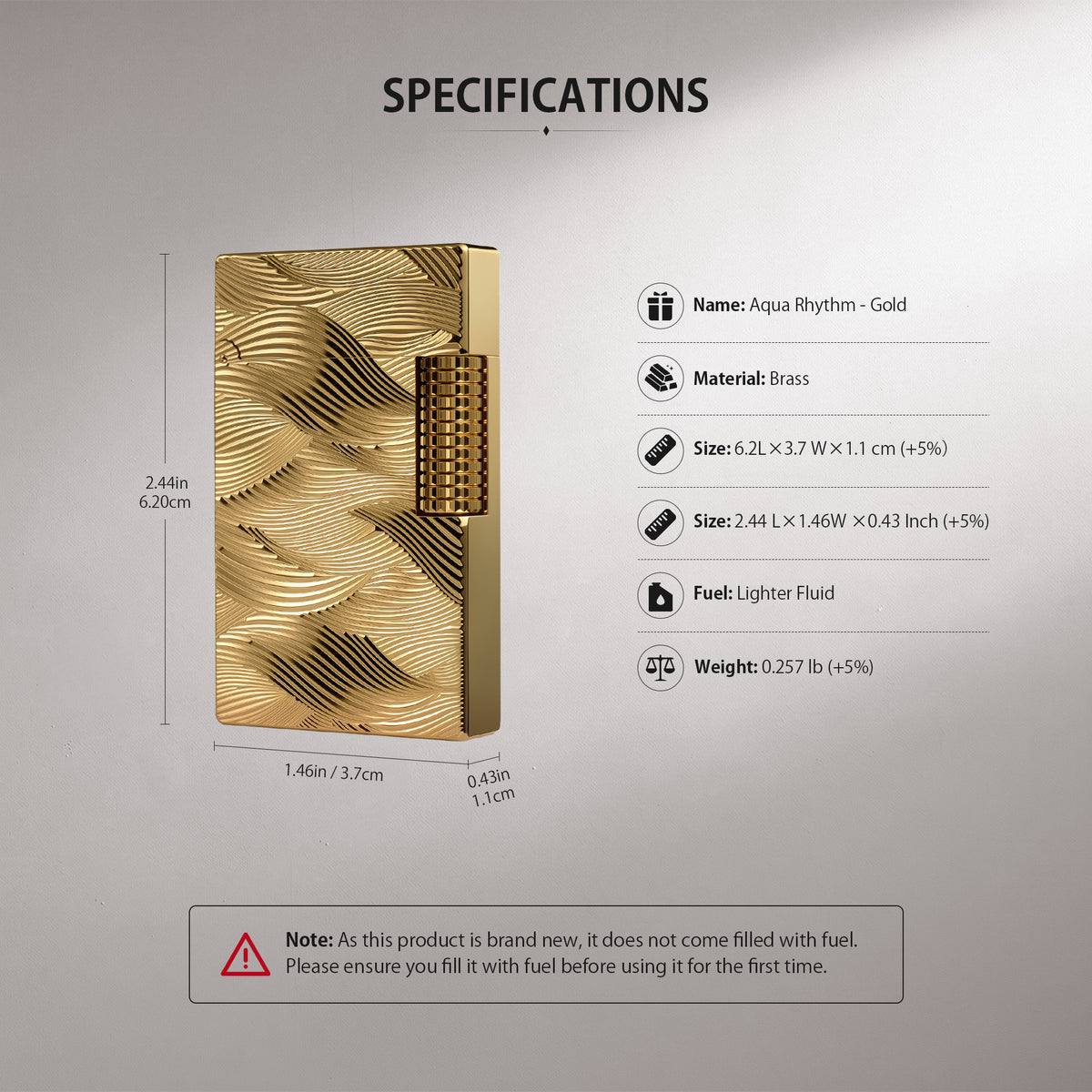 A technical illustration showing the Aqua Rhythm gold lighter's internal components in a breakdown diagram and the mechanical ignition method.