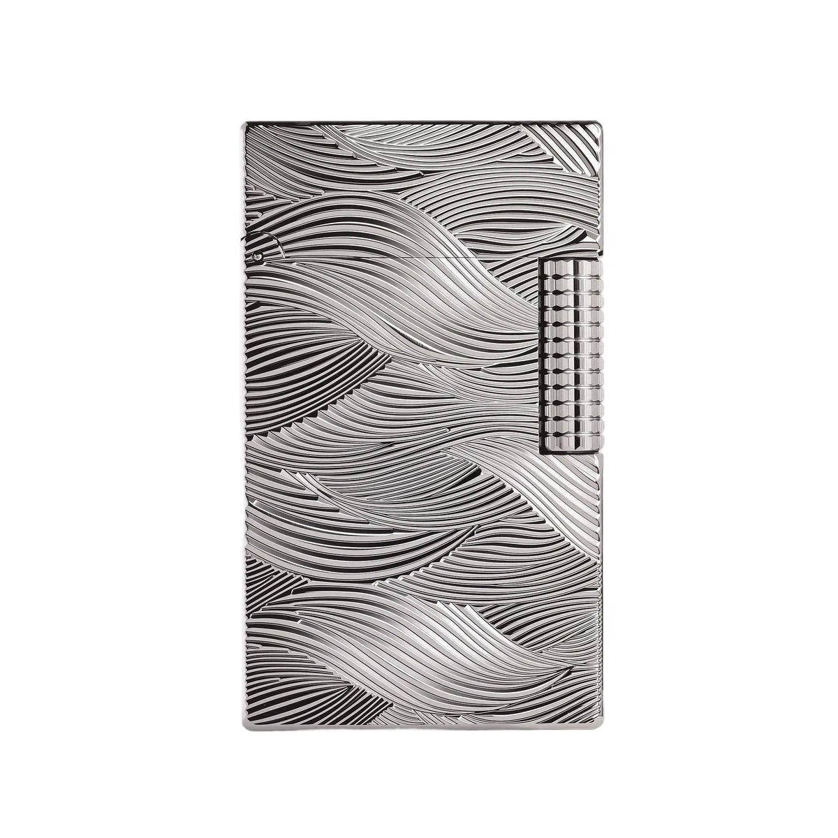 A silver-plated Aqua Rhythm lighter showcasing a complex, flowing wave engraving and a knurled mechanical flint roller against a white background.