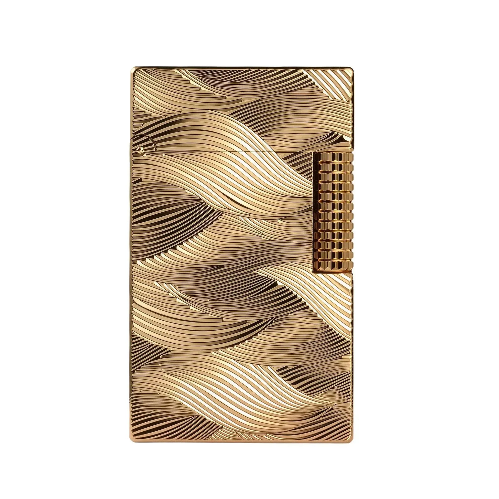 A gold-toned Aqua Rhythm lighter featuring a dynamic, flowing wave pattern engraved on the body with a textured, precision-engineered flint roller.