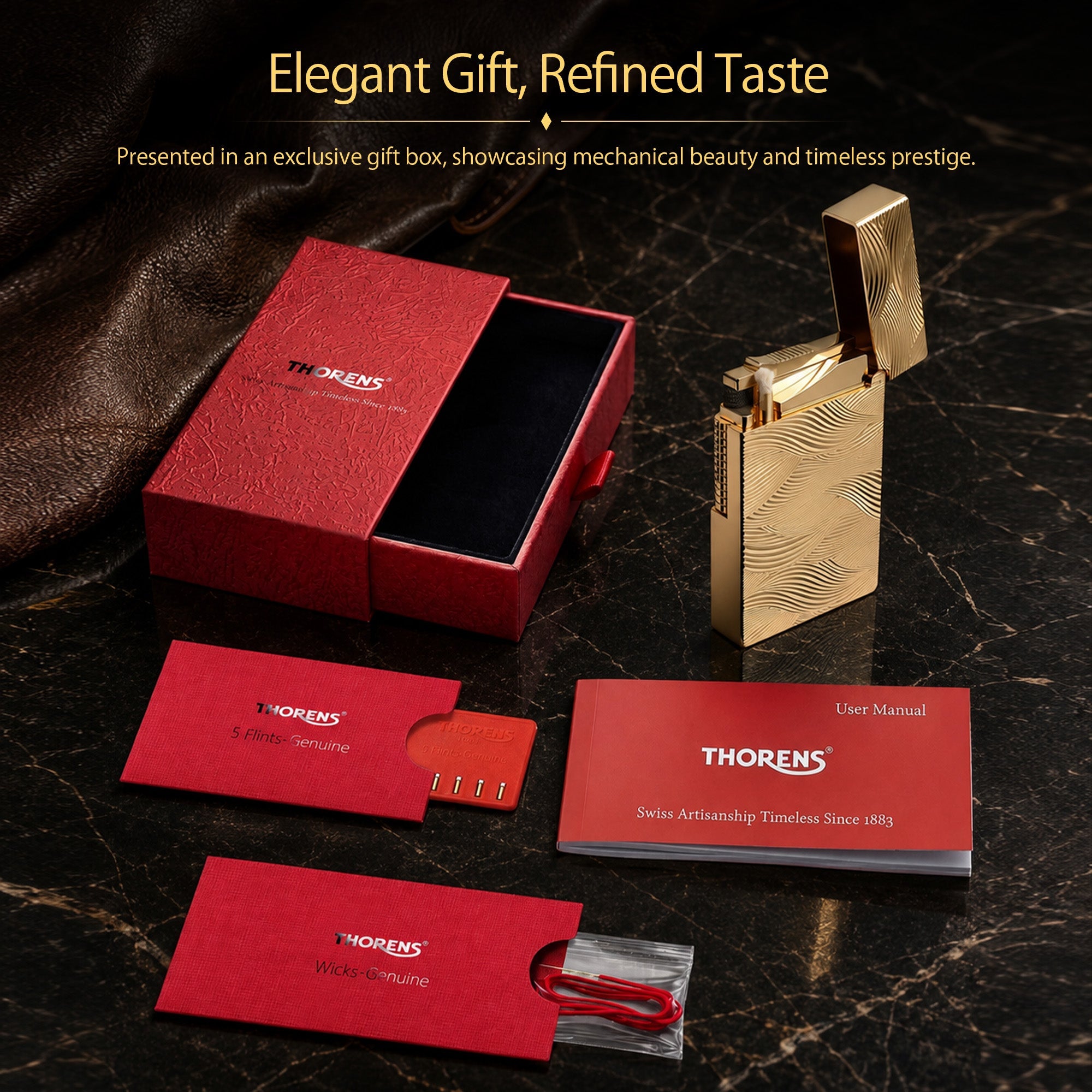 A Thorens Aqua Rhythm gold lighter set featuring a red gift box, replacement flints, spare wicks, and a user manual on a white background.