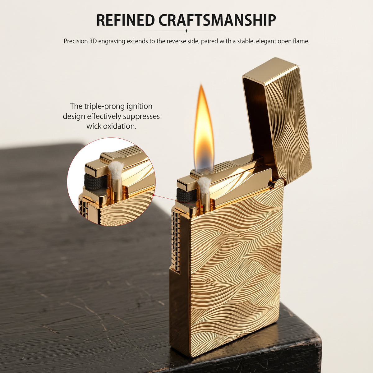 An ignited gold Thorens Aqua Rhythm lighter showcasing a steady flame and active sparks. The deep wave engravings are beautifully illuminated by the fire, set against a dark, warm background.
