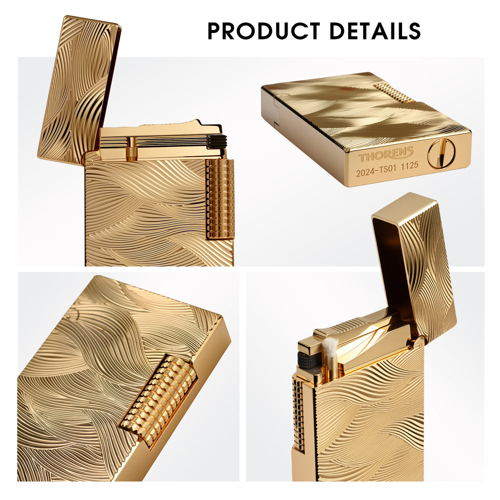 A detailed collage showcasing the Thorens Aqua Rhythm gold lighter with an intricate engraved wave pattern, highlighting the open cap, bottom with brand text, and mechanical wick assembly.