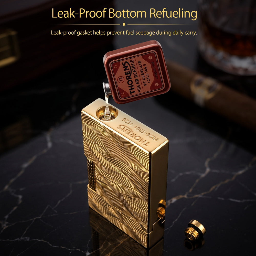 A detailed collage showcasing the Thorens Aqua Rhythm gold lighter with an intricate engraved wave pattern, highlighting the open cap, bottom with brand text, and mechanical wick assembly.