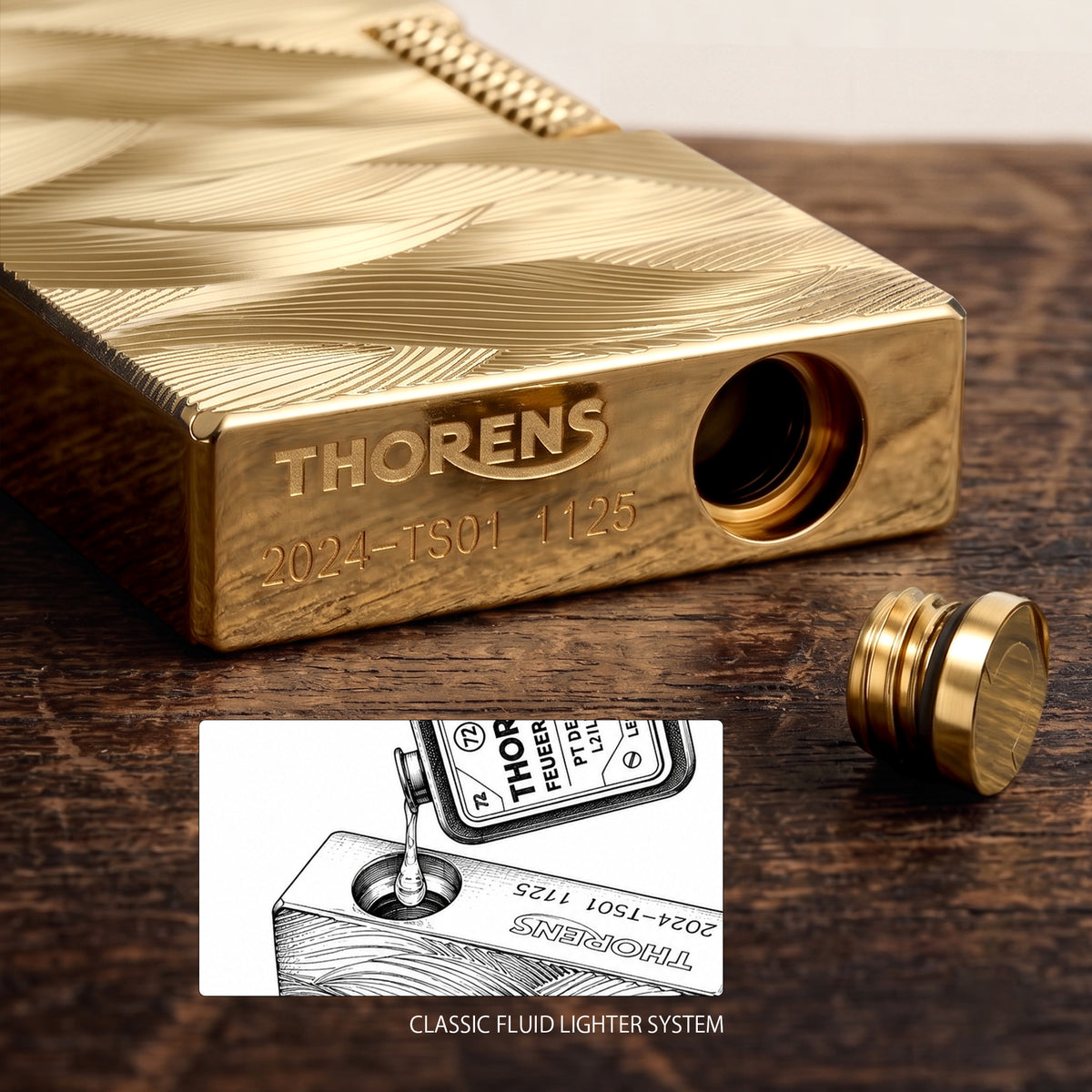 A detailed collage showcasing the Thorens Aqua Rhythm gold lighter with an intricate engraved wave pattern, highlighting the open cap, bottom with brand text, and mechanical wick assembly.