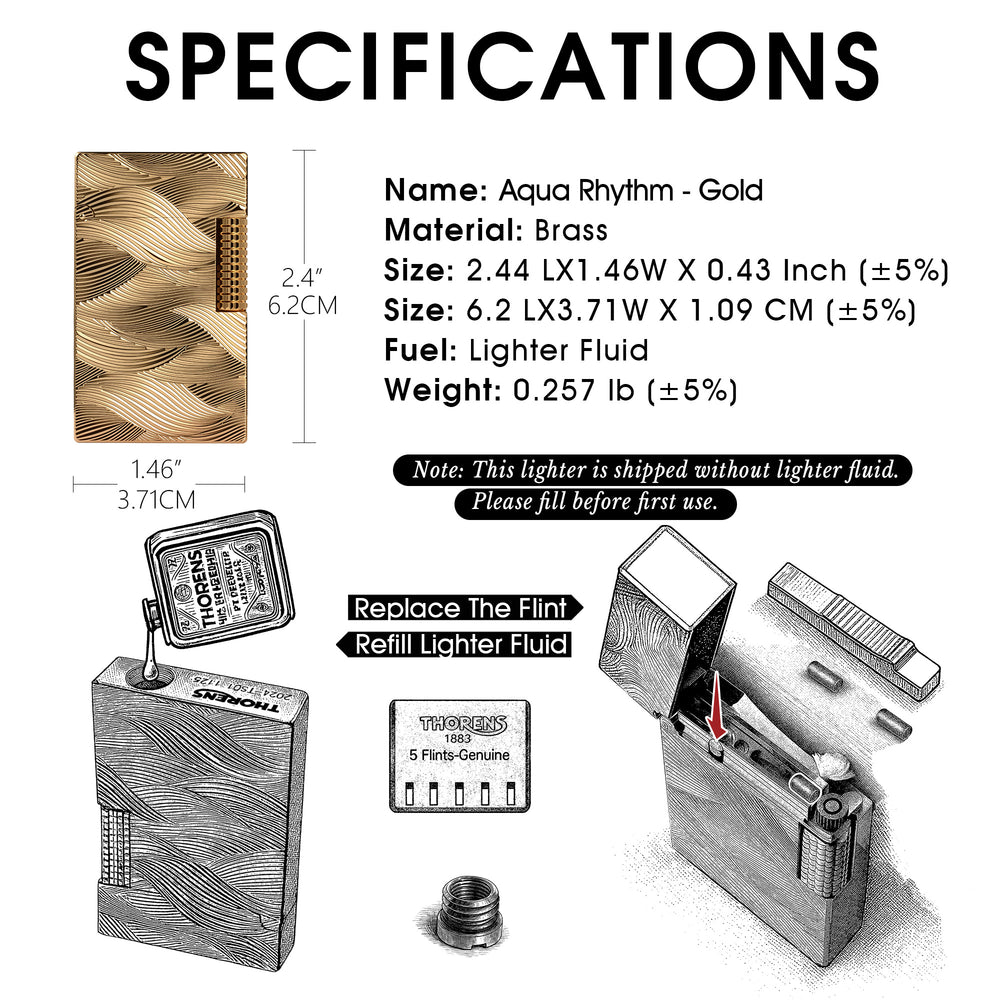 Technical diagram of the Aqua Rhythm gold brass lighter showing dimensions, weight, and step-by-step instructions for refilling fluid and replacing the flint.