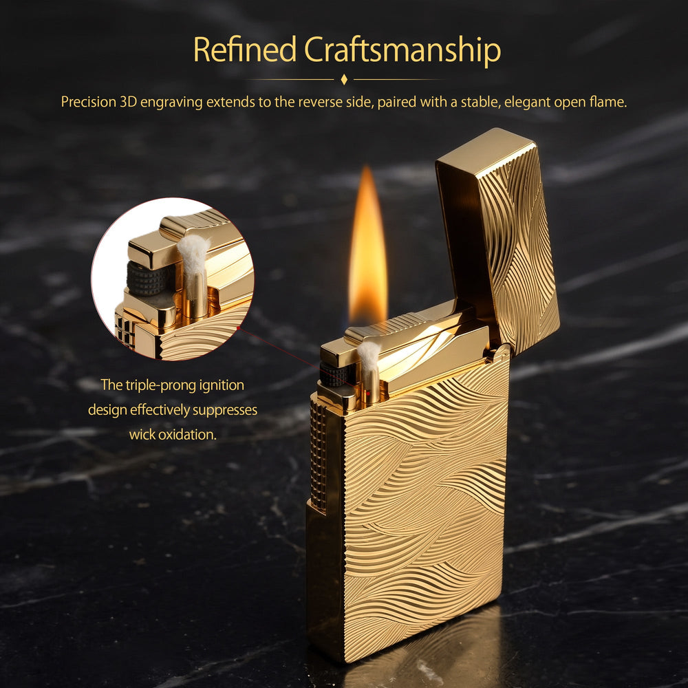 Technical diagram of the Aqua Rhythm gold brass lighter showing dimensions, weight, and step-by-step instructions for refilling fluid and replacing the flint.