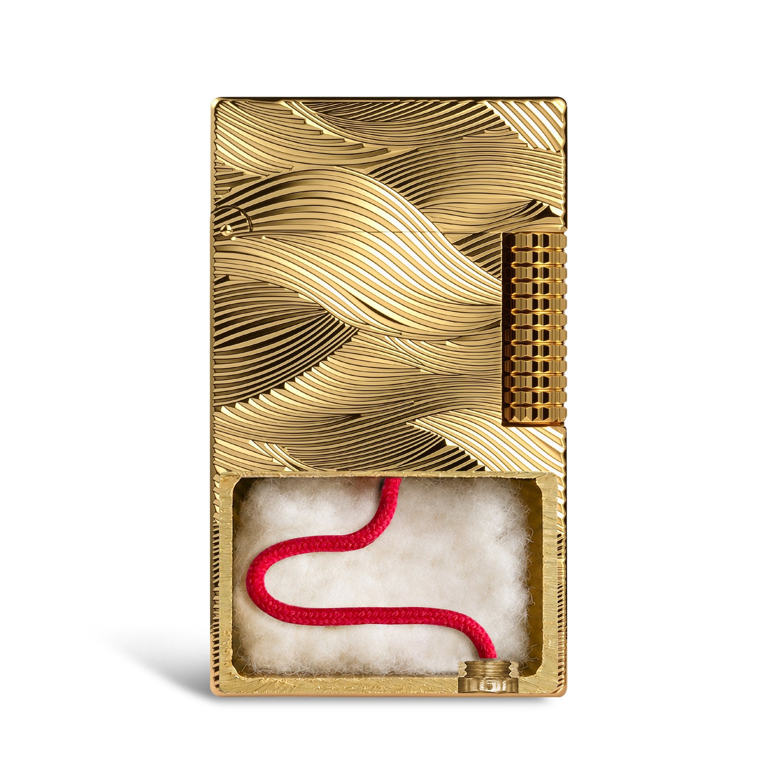 Technical diagram of the Aqua Rhythm gold brass lighter showing dimensions, weight, and step-by-step instructions for refilling fluid and replacing the flint.