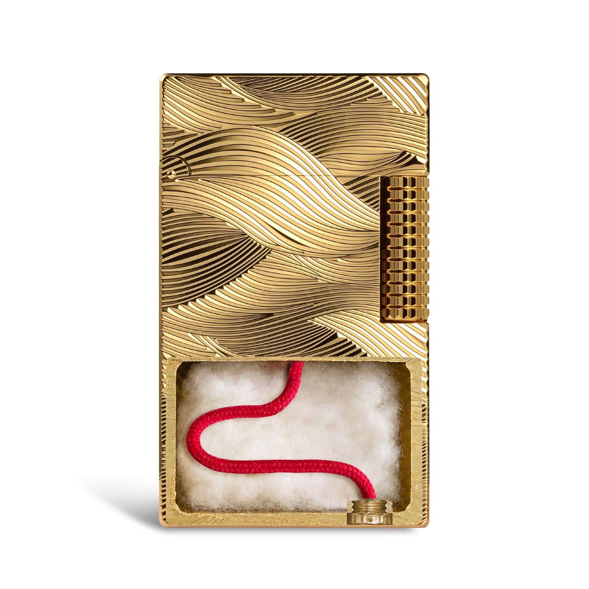 Technical diagram of the Aqua Rhythm gold brass lighter showing dimensions, weight, and step-by-step instructions for refilling fluid and replacing the flint.