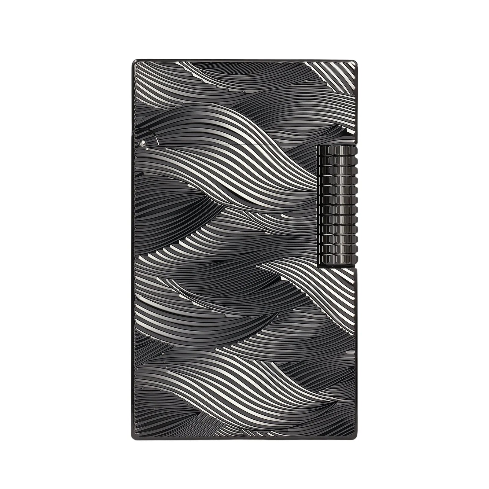 A front view of the Thorens Aqua Rhythm lighter featuring a deep black finish with an intricate, flowing wave pattern engraved across the body.