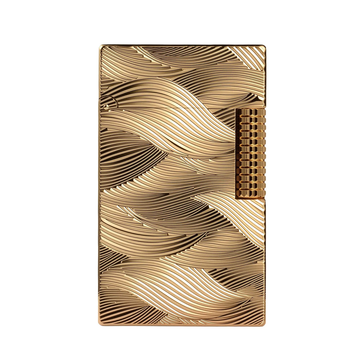 A front-facing studio shot of the Thorens Aqua Rhythm lighter, showcasing a brilliant gold finish with flowing, wave-like textures engraved on the brass body.