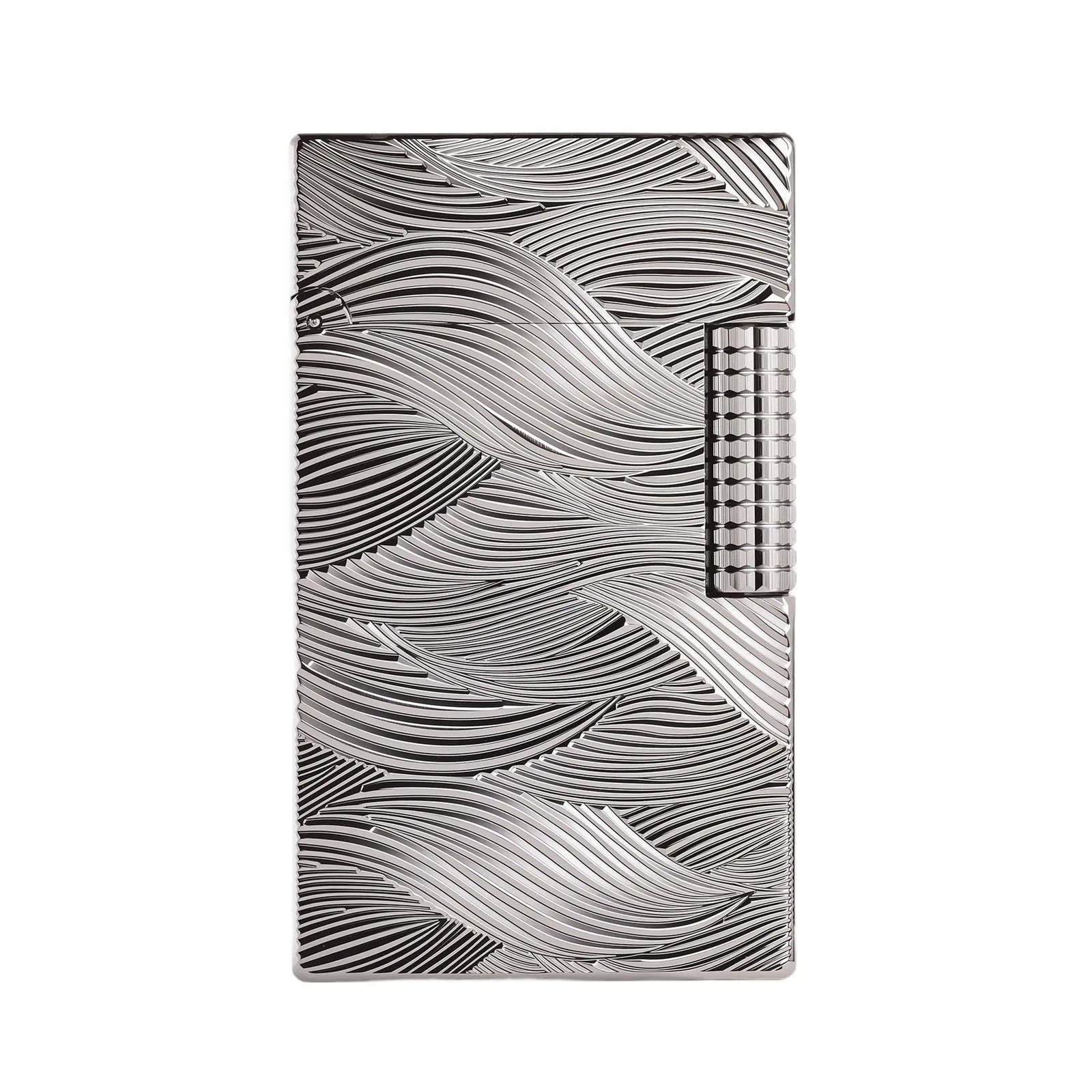 Front view of a Thorens Aqua Rhythm mechanical lighter featuring a sleek silver finish with a dynamic flowing wave pattern engraved on the body.